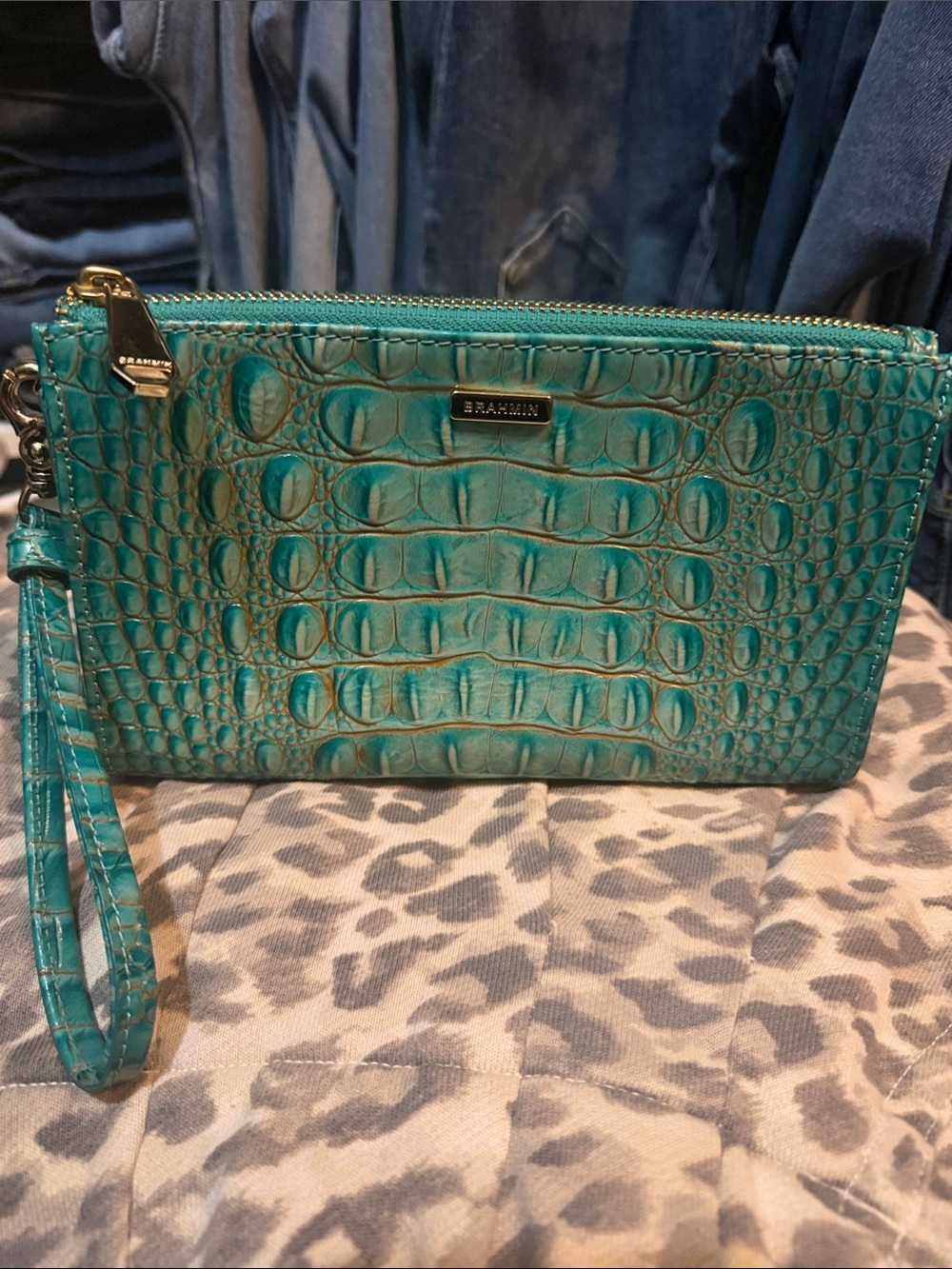 Brahmin Turquoise Croc-Embossed Leather Wristlet
